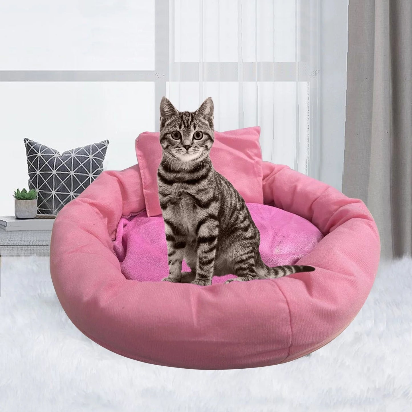 Calming Cat Beds with Pillow for Small Medium Dogs and Cats, round Dog Puppy Cuddler Cozy Bed, Washable Fluffy Plush Pet Bed Thickened Dog Kennel Mat for Puppy Sleeping, L 50CM