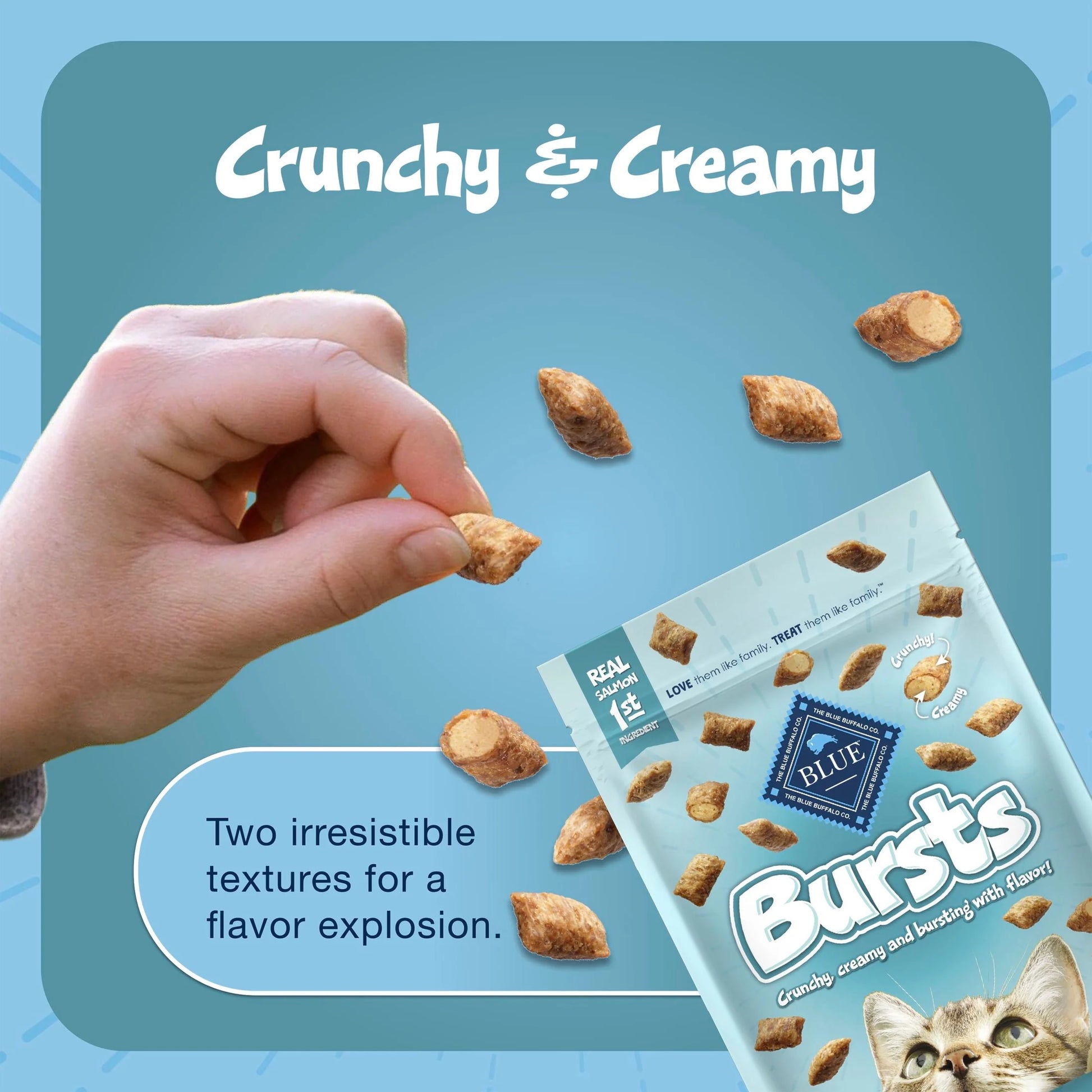 Bursts Crunchy & Creamy Cat Dry Treats, Great for Training, Seafood, 5-Oz. Bag