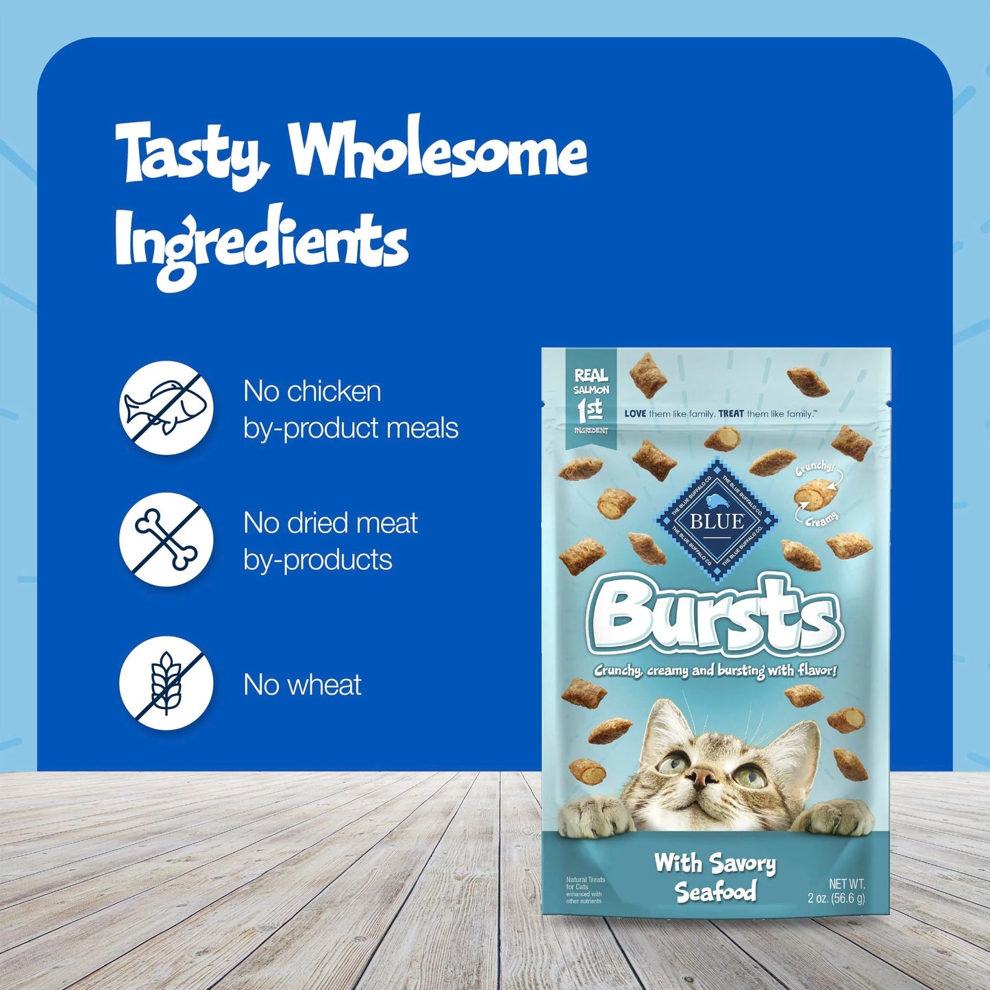 Bursts Crunchy & Creamy Cat Dry Treats, Great for Training, Seafood, 5-Oz. Bag