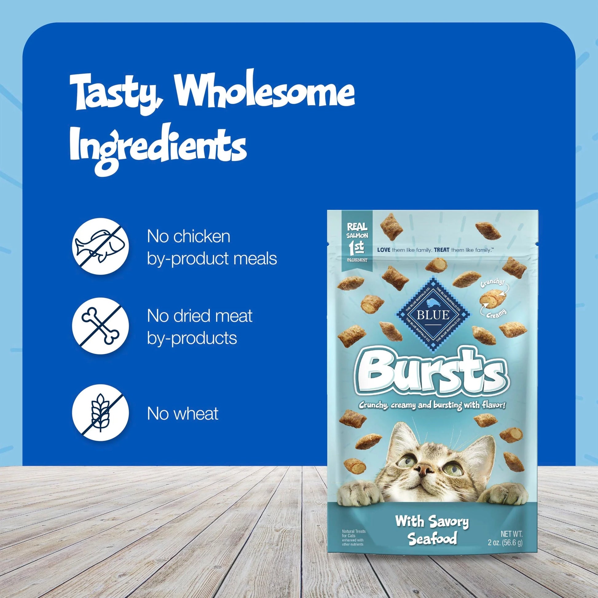 Bursts Crunchy & Creamy Cat Dry Treats, Great for Training, Seafood, 5-Oz. Bag