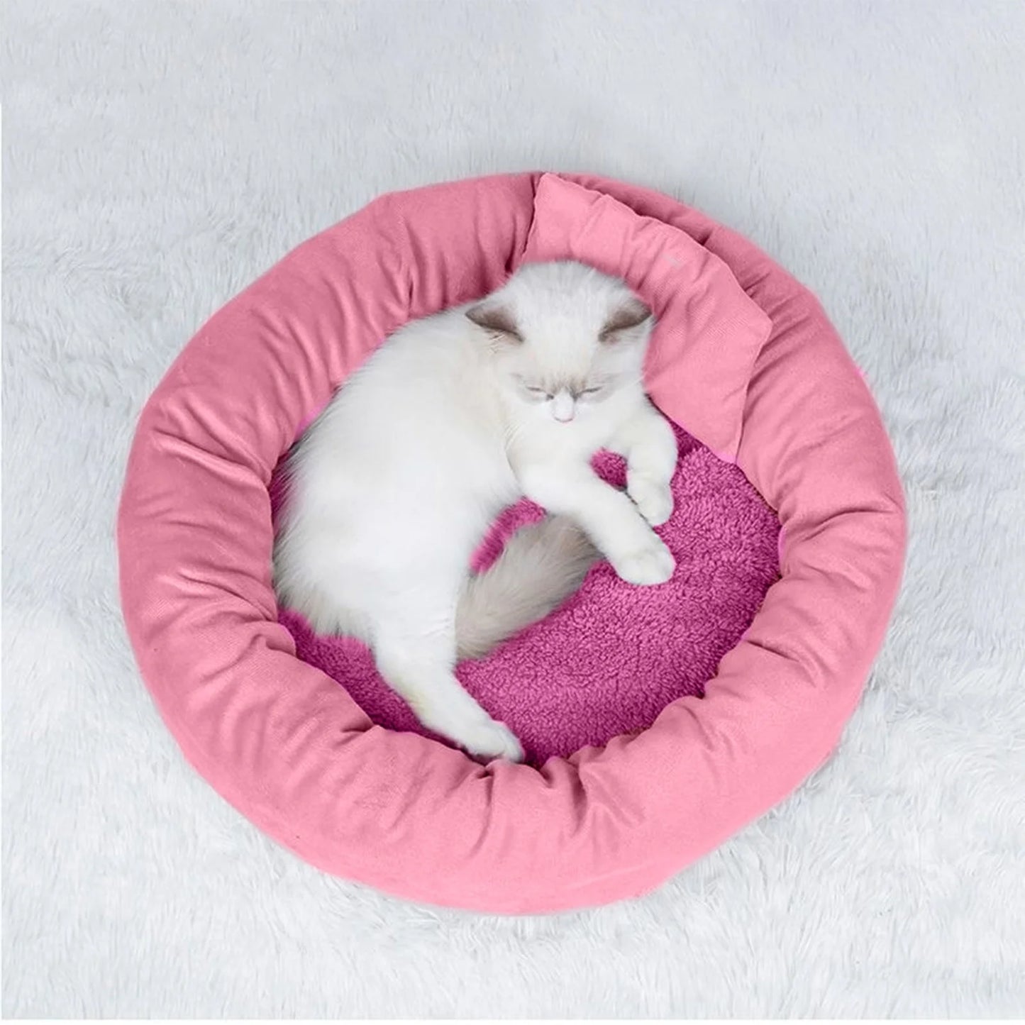 Calming Cat Beds with Pillow for Small Medium Dogs and Cats, round Dog Puppy Cuddler Cozy Bed, Washable Fluffy Plush Pet Bed Thickened Dog Kennel Mat for Puppy Sleeping, L 50CM