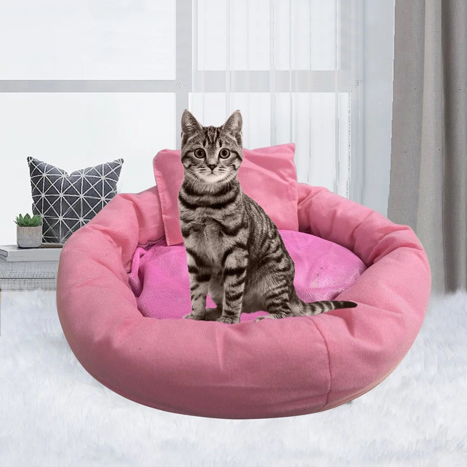 Calming Cat Beds with Pillow for Small Medium Dogs and Cats, round Dog Puppy Cuddler Cozy Bed, Washable Fluffy Plush Pet Bed Thickened Dog Kennel Mat for Puppy Sleeping, L 50CM